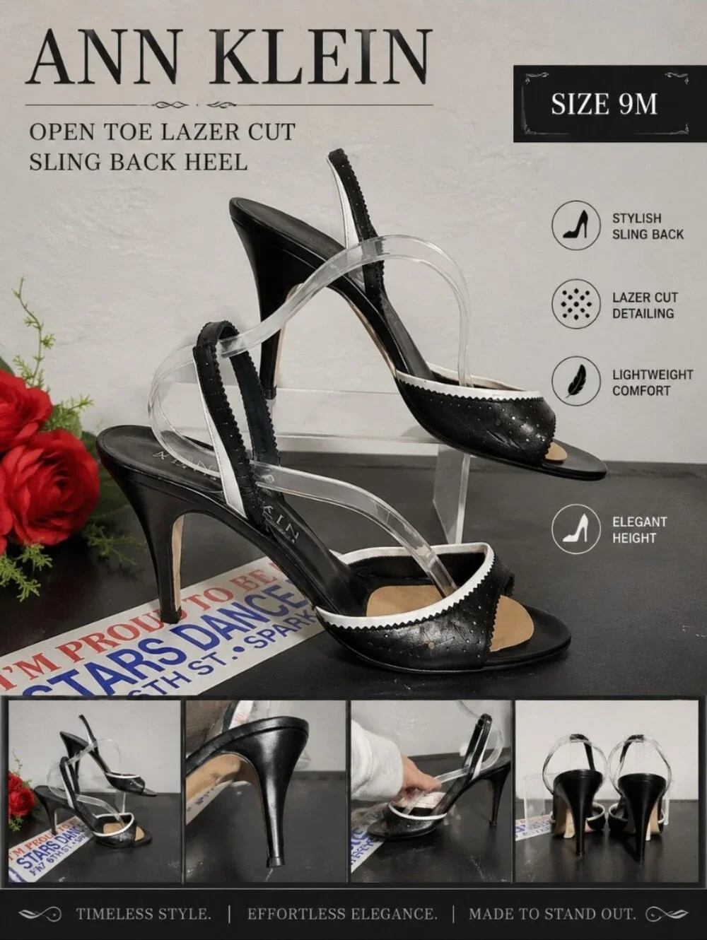 ANN KLEIN Open Toe Lazer Cut Sling Back Black White Heel 9M